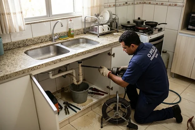Pia sendo desentupida por um profissional em cozinha em Patos/PB.
