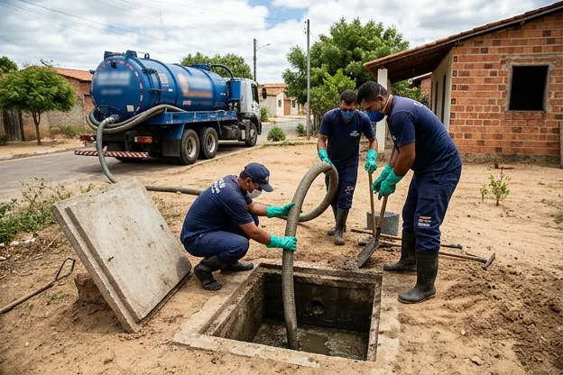 Profissionais limpando uma fossa séptica em Patos/PB.