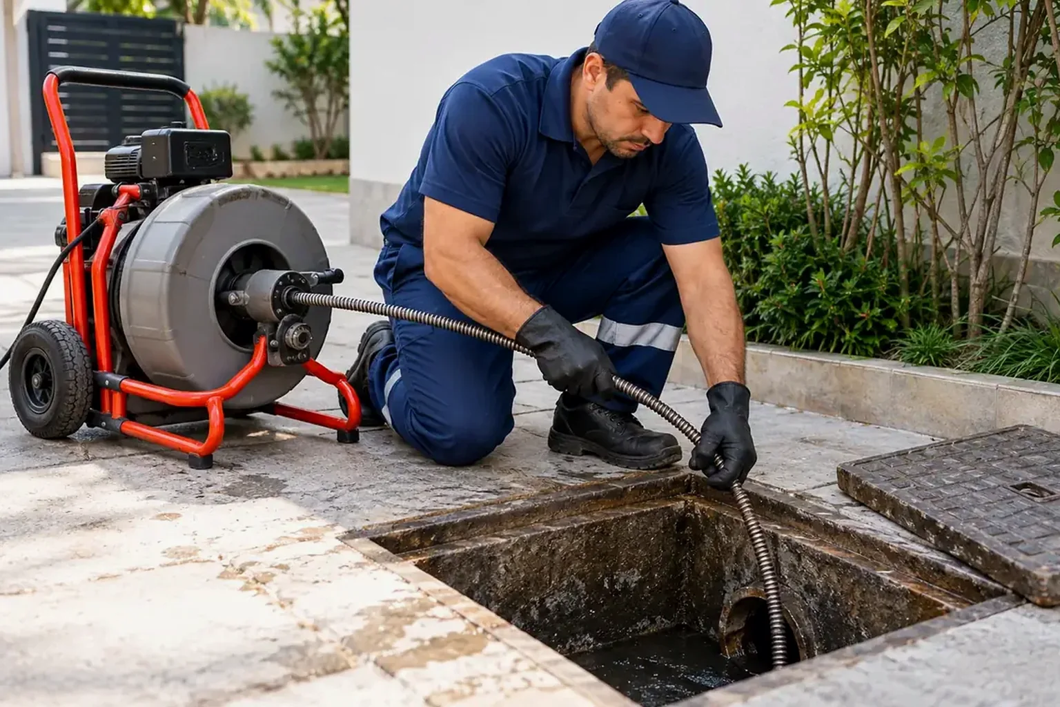 Profissional desentupindo um esgoto com ferramentas em Patos/PB.