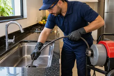 Profissional desentupindo uma pia com equipamentos especializados em Patos/PB.