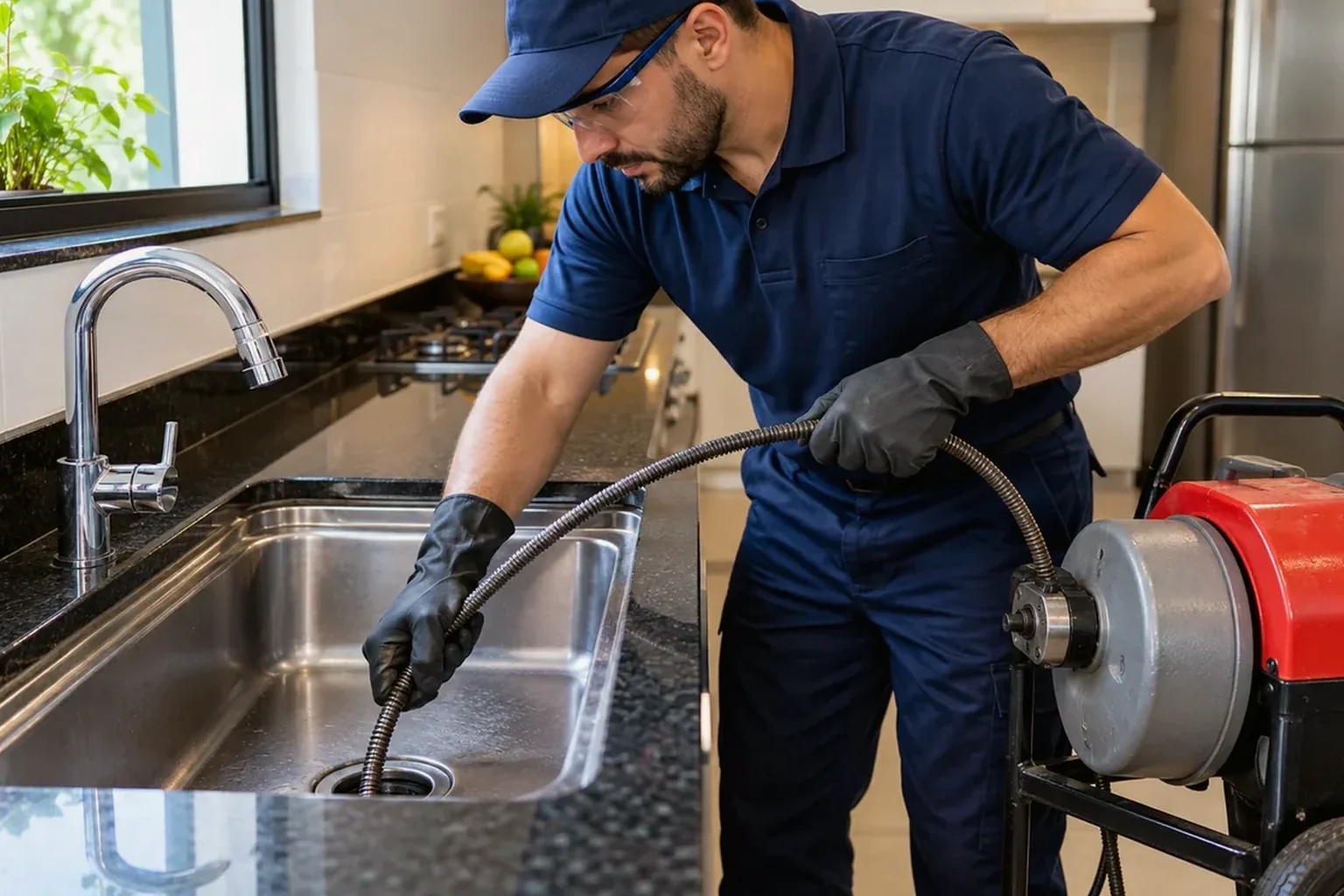 Profissional desentupindo uma pia com equipamentos especializados em Patos/PB.