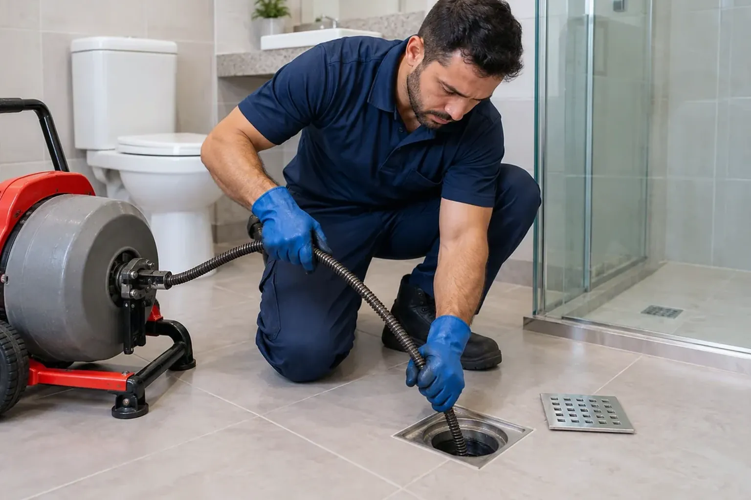 Profissional realizando desentupimento de ralo em ambiente residencial em Patos/PB.