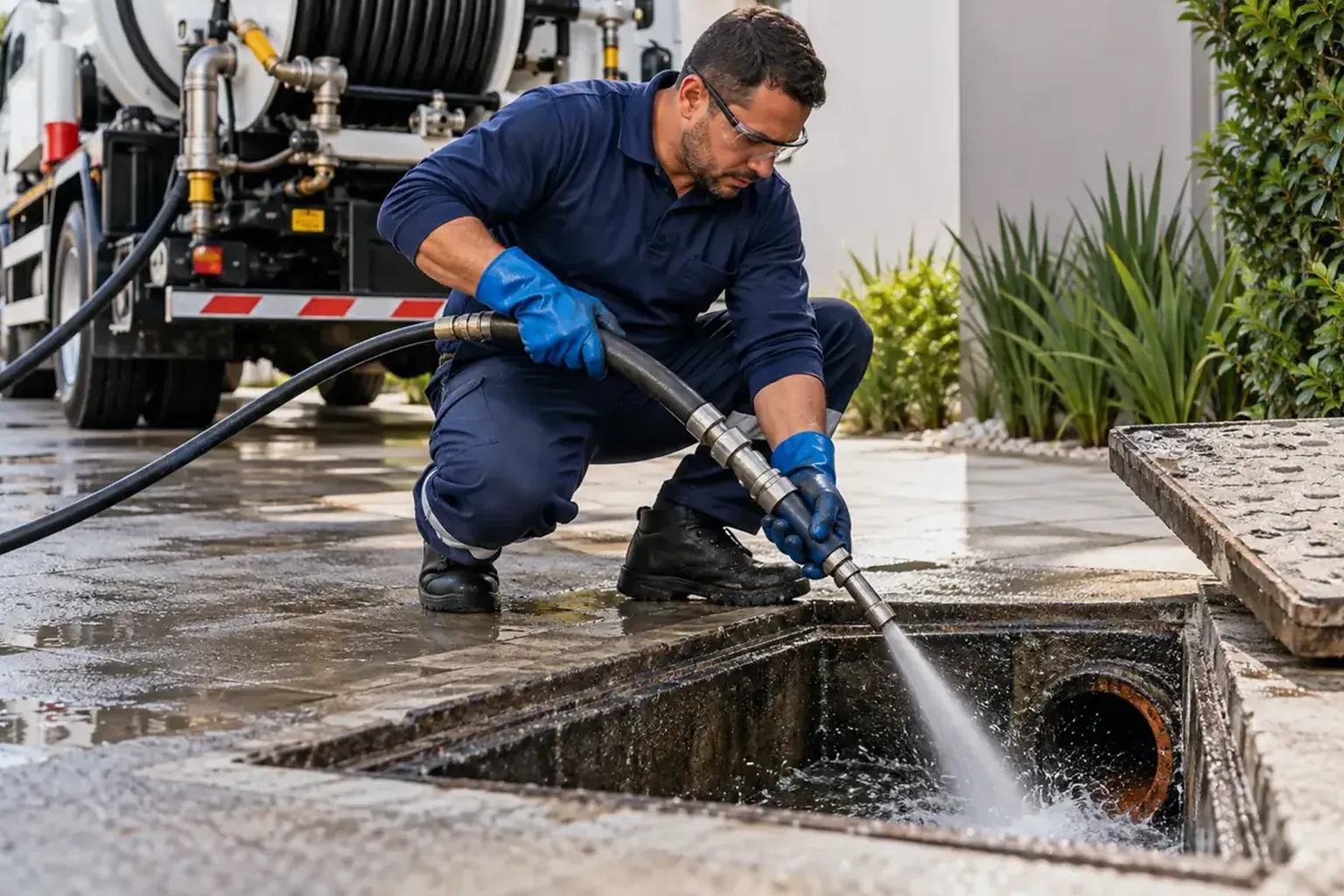 Técnico fazendo manutenção em rede de esgoto em Patos/PB.