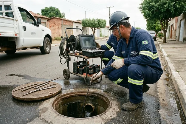 Técnico realizando inspeção de rede de esgoto em Patos/PB.